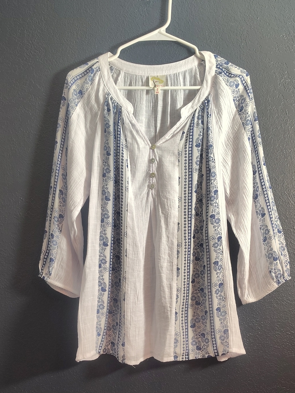 fig and flower White Pheasant BohoTunic with Blue Floral Stripe